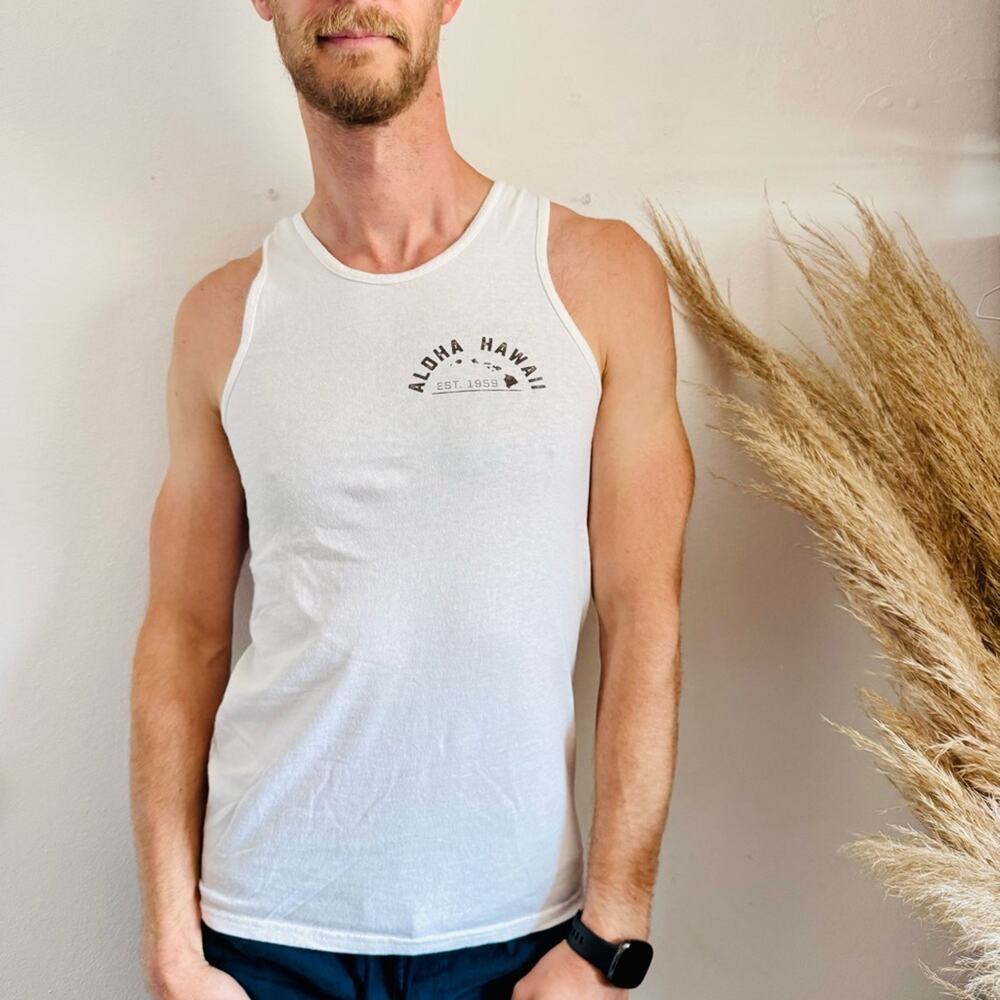 MENS Hawaii White Black Logo Tropical Sleeveless Classic Tee T Shirt Tank Top S